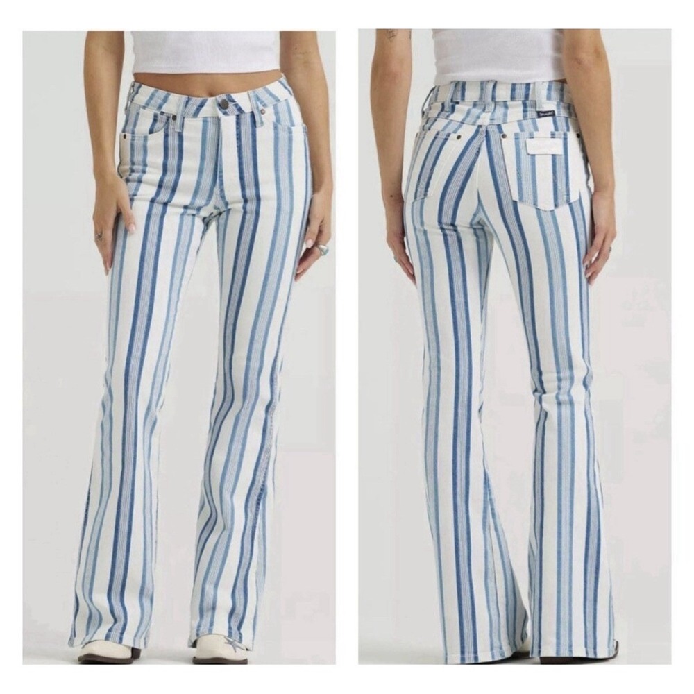 Wrangler Retro Bailey High Rise Flare Jeans Sz 29x34 Blue White Striped Festival